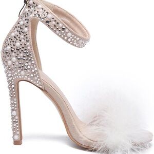 Crystal Embellished Ankle-Strap Feather Sandal - Nude